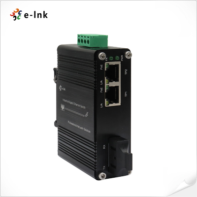 Mini Endüstriyel 1-Port 100Base-FX'den 2-Port 10/100Base-T'ye 30W PoE+ Medya Dönüştürücüsü